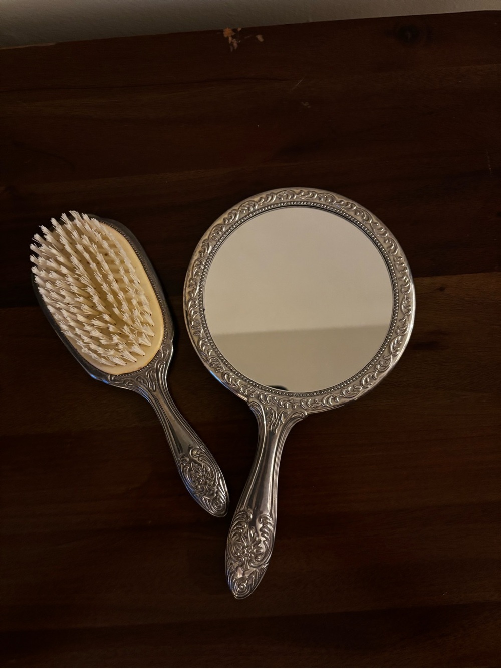 Silver Decorative Hand Mirror and Brush Set - Silver